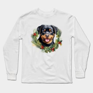 Christmas Rottweiler Dog Wreath Long Sleeve T-Shirt